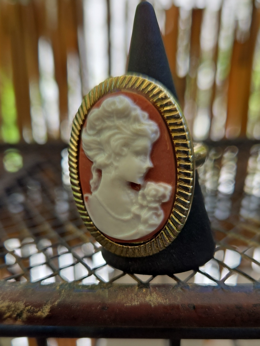 Coral Color Cameo Ring with Gold-Trimmed Frame Size 6 3/4